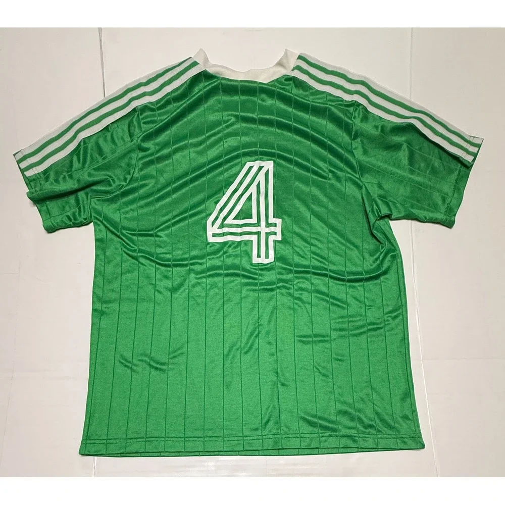 Vintage Adidas Soccer Jersey Green White Stripe Number 4 Made in USA Mens Large